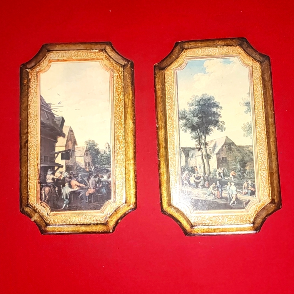 Vintage village prints on wooden plaques set of 2